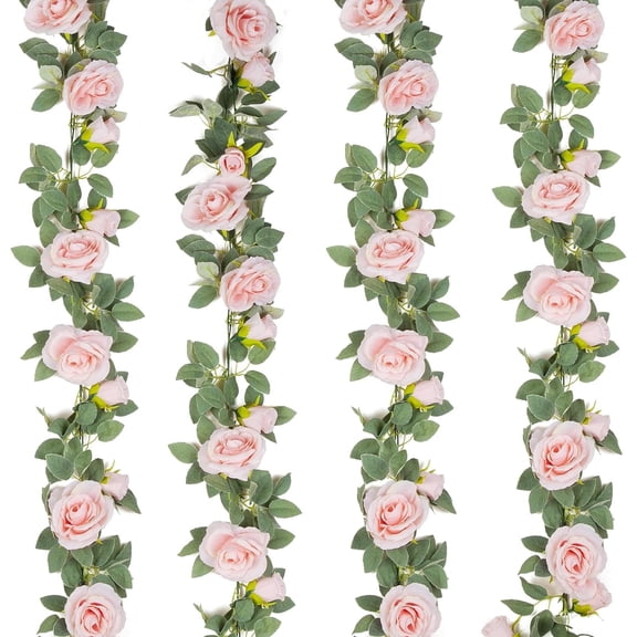 TETOU 4pcs Flower Garland, Faux Artificial Floral Garland Fake Rose Hanging Vine for Wedding Arch Garden Ceremony Background Outdoor Wall Decoration - Pink