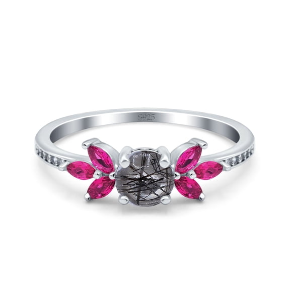 Natural Rutilated Quartz Size-5 Art Deco Round Floral Vintage Leaf Style Marquise Ruby CZ Wedding Engagement Rings For Women 925 Sterling Silver Gifts For Her