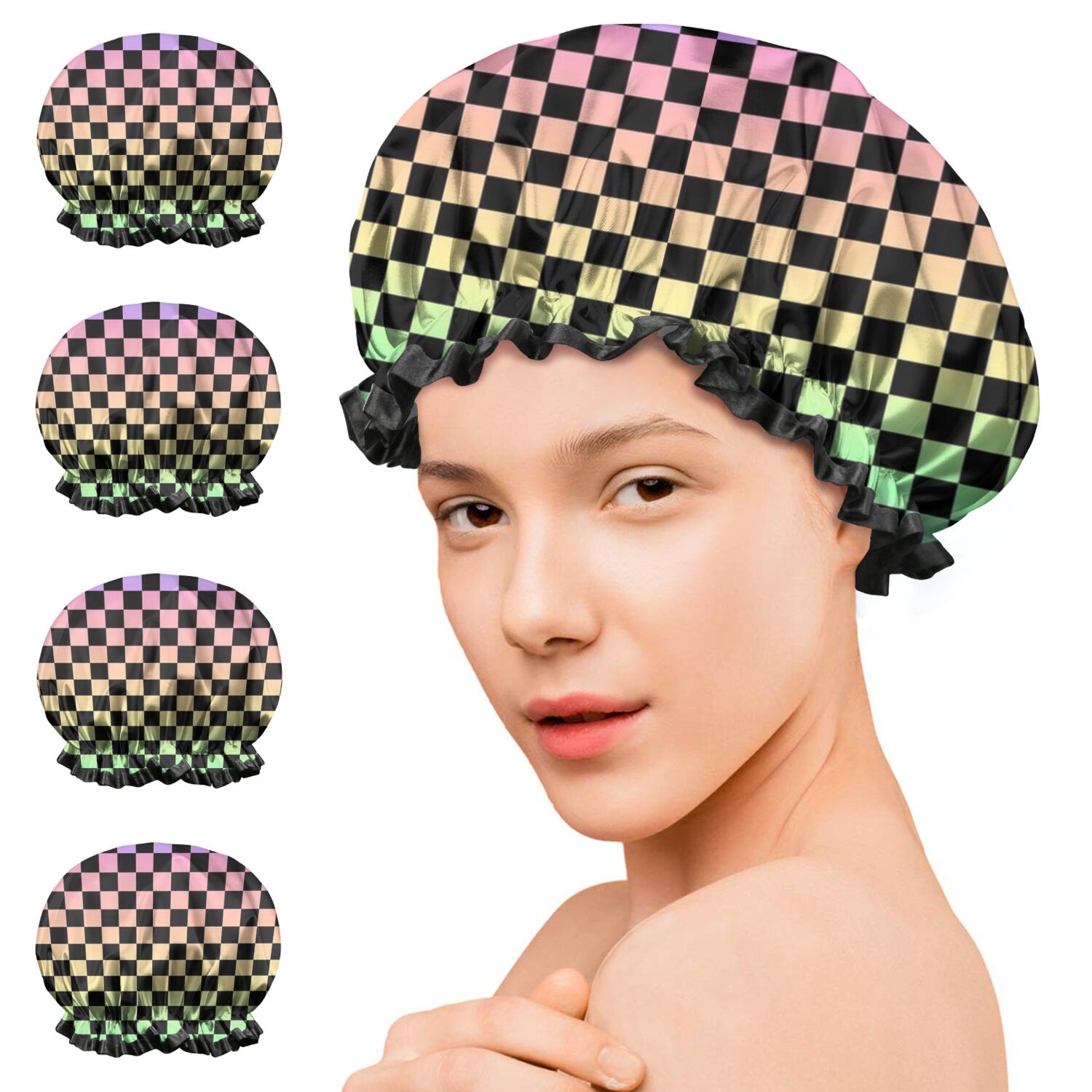 Shower Caps,Gradient Color Checkered Pattern Waterproof Shower Cap for Women 4 Pieces,Double Reusable Hair Cover for Shower PEVA Elastic Stretch Hem