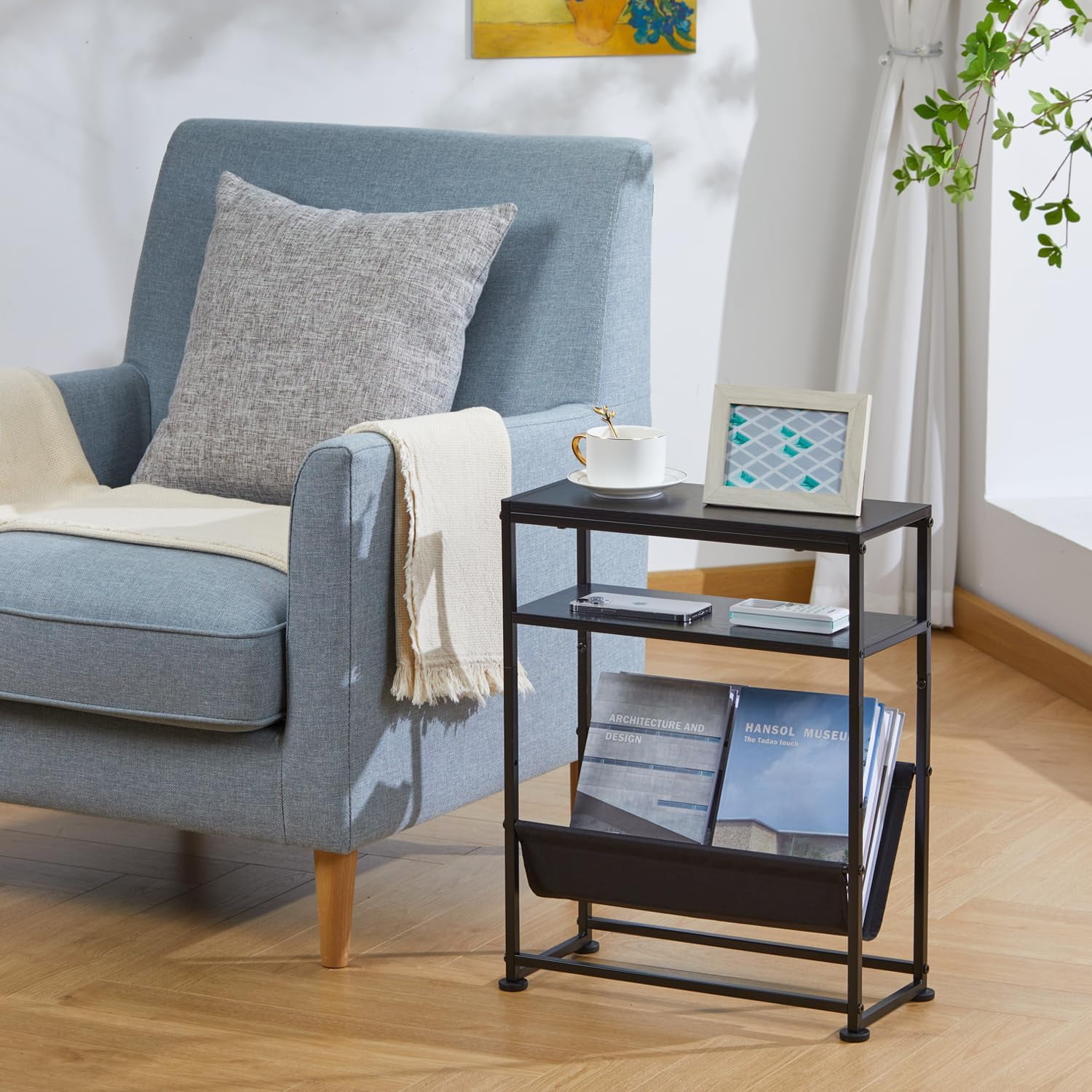 ZEXVIDA Narrow End Table for Small Spaces - Slim Side Table with Magazine Holder,2 in 1 Design Narrow End Table Living Room,Skinny Bedroom Nightstand Thin Side Magazine Table,Black