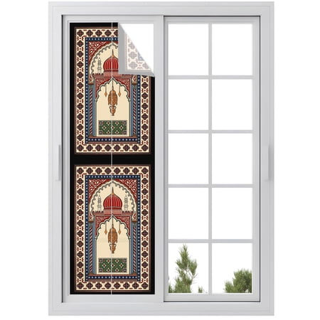 Window Privacy Film Archway Columns Stained Glass Window Film Decorative Sun Block Window Cover Vintage Ethnic Traditional Red Castle Window Clings Static Adhesive Sticker for Bathroom 23.6 x78.7