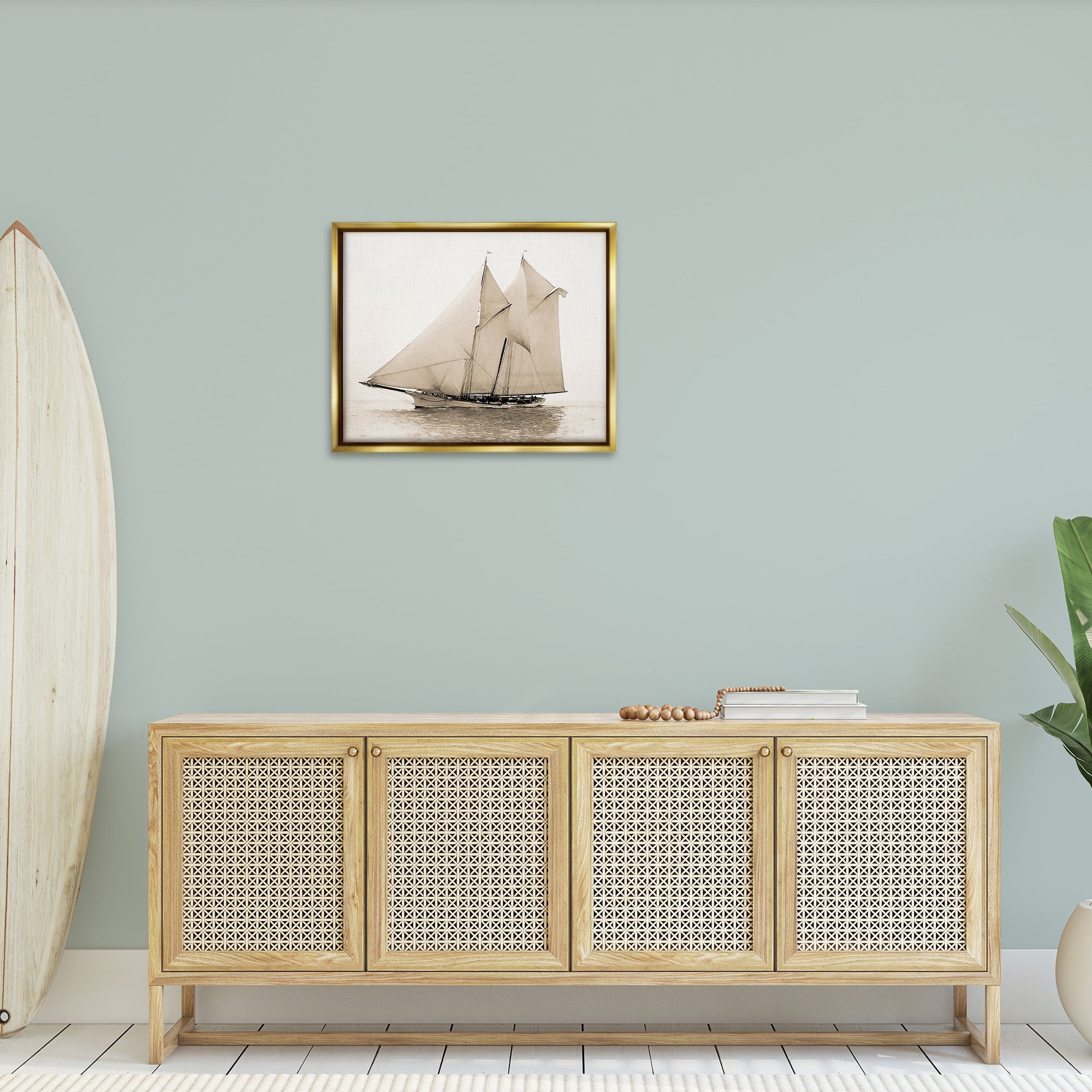 Stupell Industries Vintage Sailing Yacht Transportation Photography Gold Floater Framed Canvas Art Print Wall Art, 31 x 25