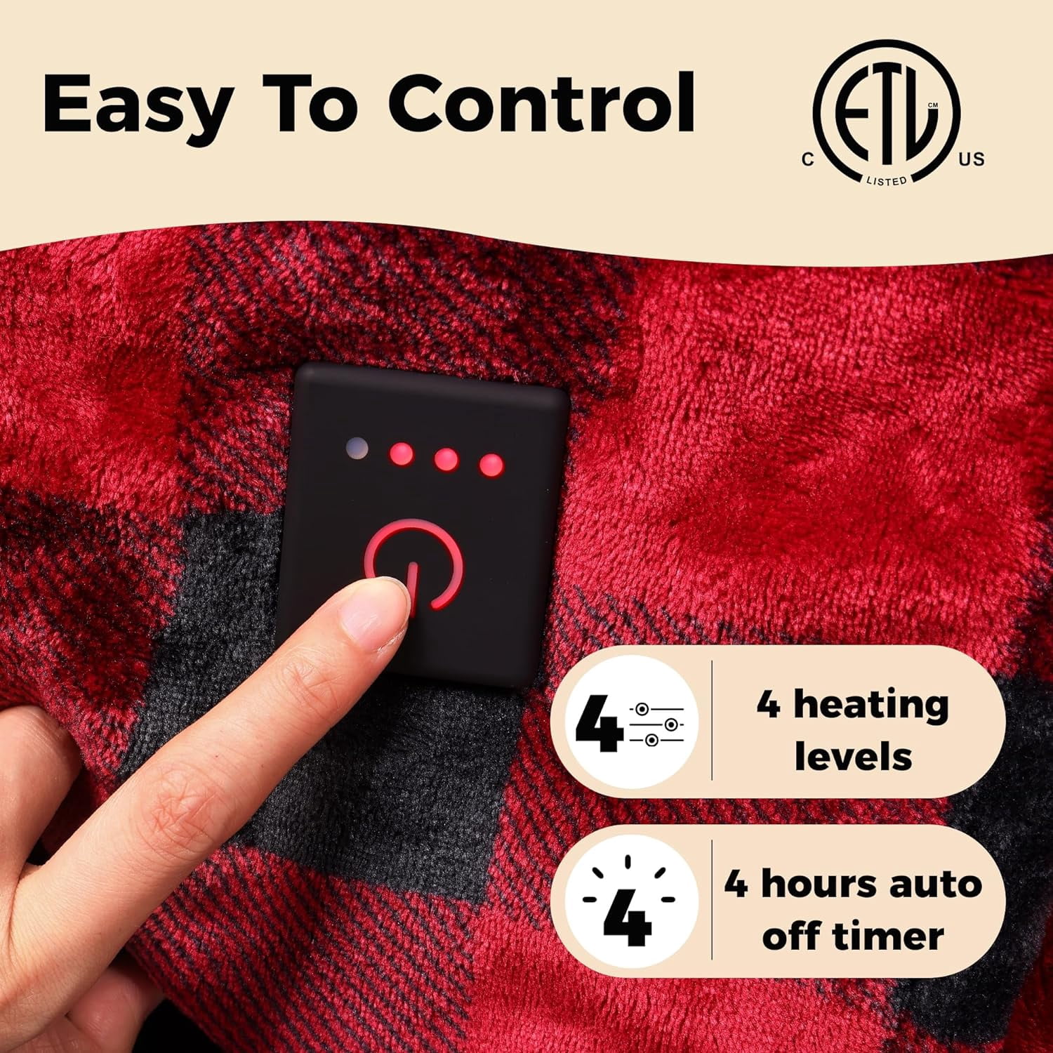 CozyHom Heated Throw 50" x 60", Electric Blanket Double-Layer Flannel with 4 Heating Settings, 4 Hours Auto Off, 5 Years Warranty, ETL Certified, Machine Washable, Black & Red