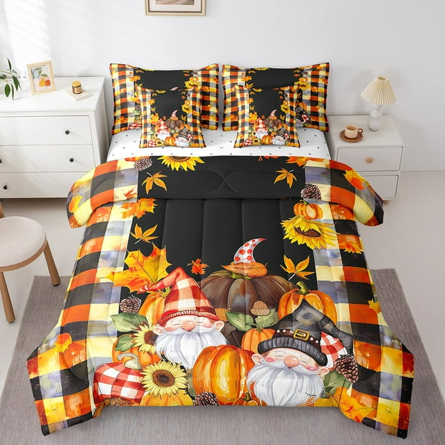 YST Fall Gnome Comforter Set, 7-Piece Autumn Maple Leaves Thanksgiving Theme, Twin