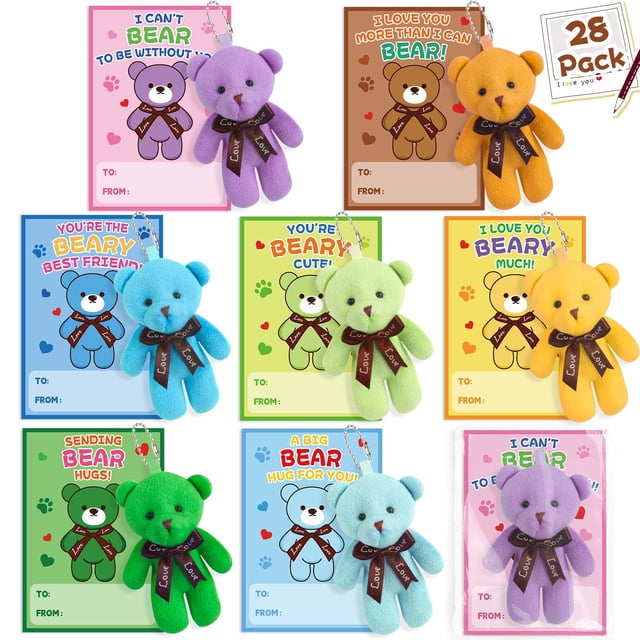 NEUBSAW Set de 28 Tarjetas de San Valentín con Llaveros de Osito de Peluche