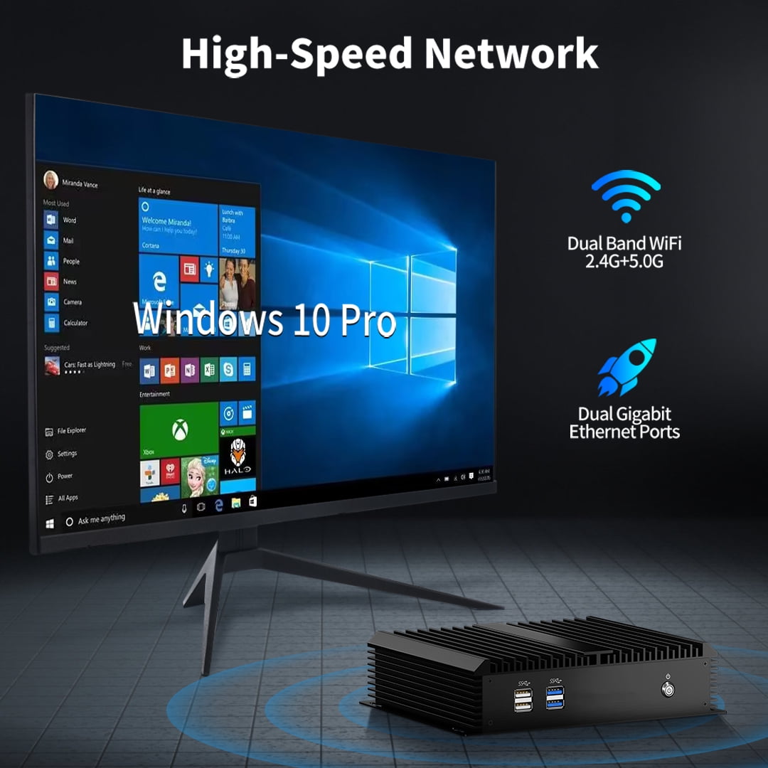 Fanless Mini Industrial PC, Desktop Computer Core i3-5005U Windows 10 Pro, 8GB RAM 128GB SSD, 2xNICs, 2*COM RS232, 4xUSB3.0, Dula-Band WiFi, HDMI/VGA Ports, Gigabit LAN, Auto Power On