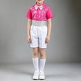 thumbnail image 4 of ZACPNCV Boys Sequined Formal Performance Outfit Set Short Sleeve Collared Top with Rhinestone Waistband Shorts Kids Stage Show Clothing Set 5-6Years A-Hot Pink, 4 of 7