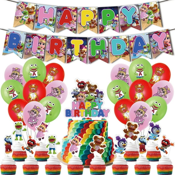 32 PCS For Muppet Theme For Babies Party Decoration Kit,Includes 1 Happy Birthday Banner Garland,13 Cupcake Toppers,18 Balloons for Themed Celebrations