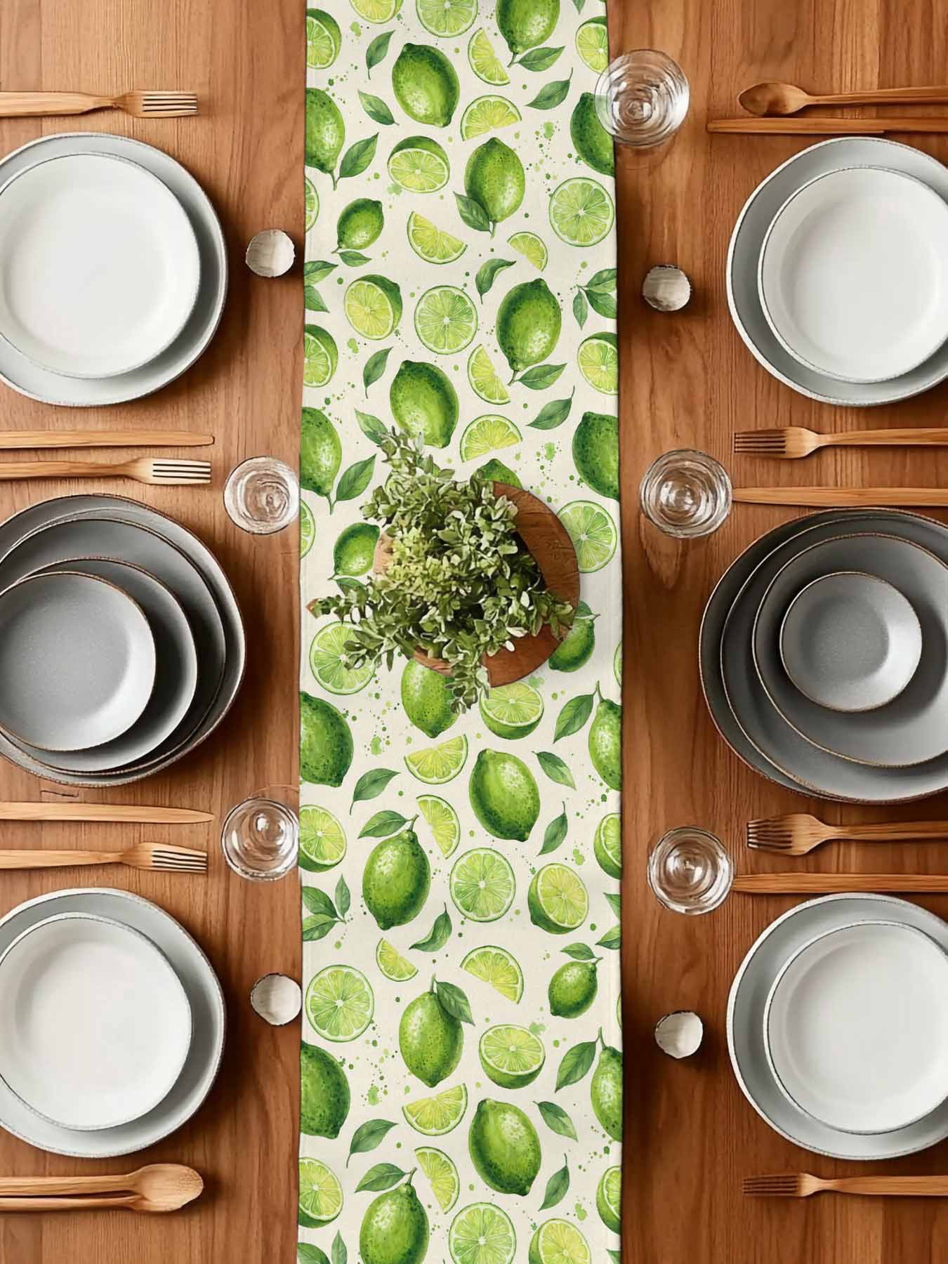 Summer Fruit Table Runner, Watercolor Green Lemon Lime Slice Leaf Rustic Washable Cotton-linen Table Runners Dining Kitchen Decoration for Everyday Home Wedding Party Decor, 13 x 90 Inch