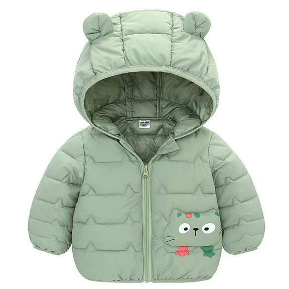 nerohusy Toddler Baby Girls Padded Jacket Coat Cute Cat Print Puffer Warm Cartoon Zipper Hooded Outerwear Winter Down Jackets 12 Months-5 Years Green,12 Months