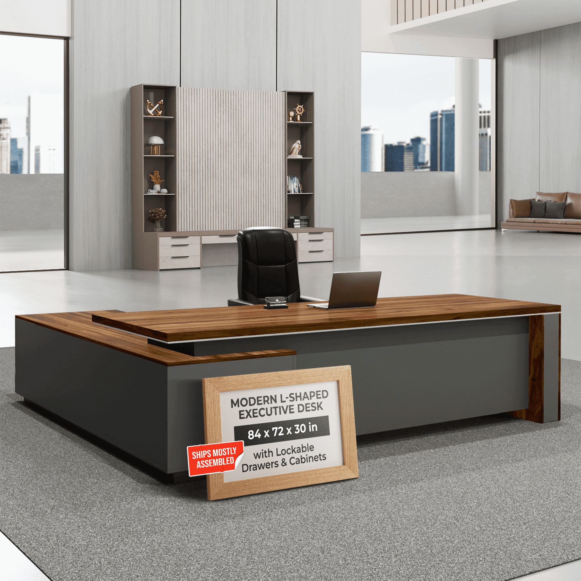OfficeSimpli Modern L Shaped Executive Desk, 84x72x30 Inch - Made in USA – Ships Mostly Assembled – Home Office Workstation & Business Furniture, CEO Desk Table with Cabinets & Lockable Drawers