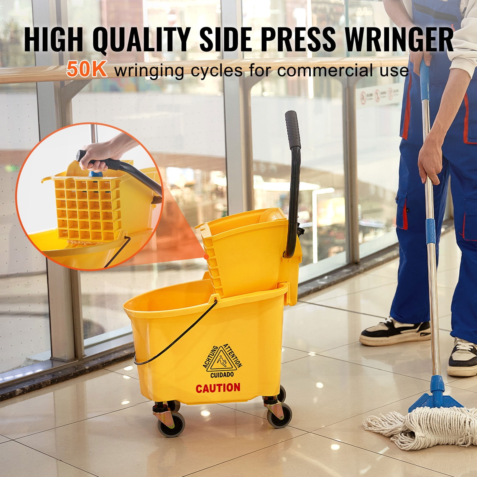 KFFKFF Commercial Mop Bucket with Wringer 26 Qt. Rolling Floor Cleaning Trolley