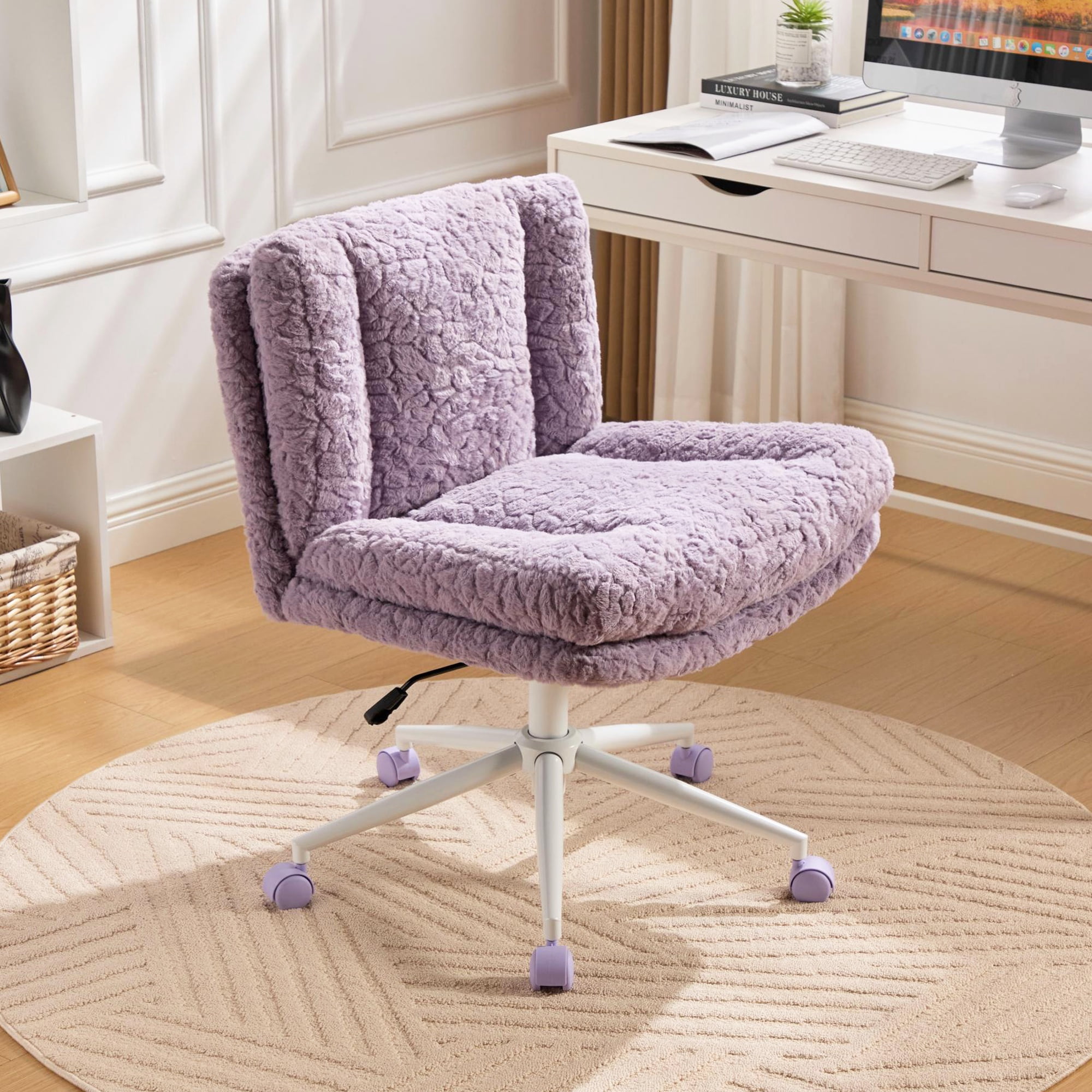 PORKISS Vanity Chair Makeup Chair, Home Office Chair, Ergonomic Desk Chair with Soft Faux Alpaca, Adjustable Swivel Task Computer Chair with Wheels, Violet