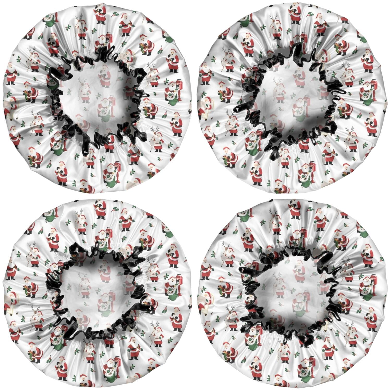 Shower Caps,White Christmas Santa Pattern Waterproof Shower Cap for Women 4 Pieces,Double Reusable Hair Cover for Shower PEVA Elastic Stretch Hem
