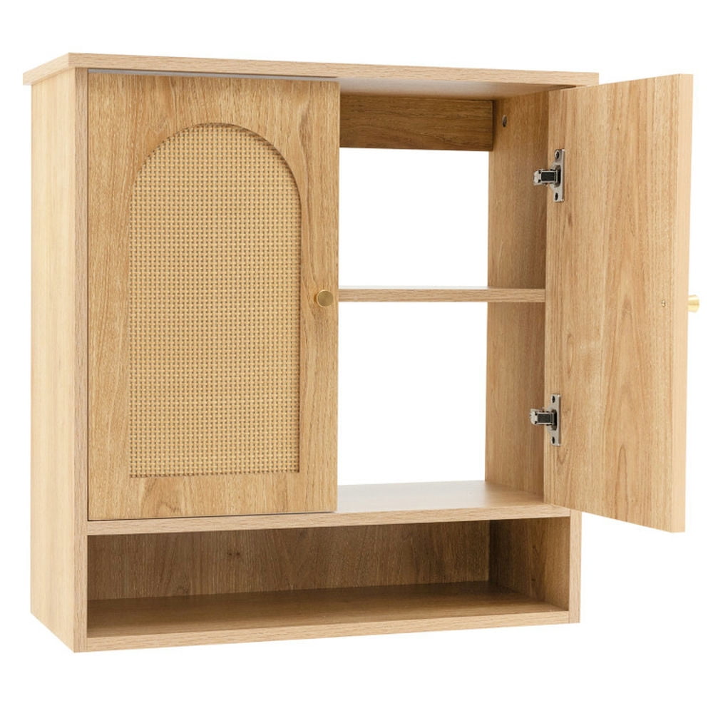 Finihen Wall Cabinet, Wall Mounted Cabinet, Medicine Cabinet, Medicine Cabinet with 2 Rattan Doors for Laundry Room Kitchen Entryway Bathroom, Natural