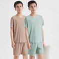 thumbnail image 2 of 2Pcs/Set Men Pajamas Set Round Neck Short Sleeve Tops Elastic Waist Shorts Set Ice Silk Breathable Thin Loungewear Set, 2 of 8
