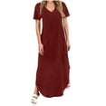 thumbnail image 3 of CFLVAEK Short Sleeve Dresses for Women Casual Summer V Neck Dress Solid Color Beach Vacation Maxi Dress with Pockets Wine XXL, 3 of 7