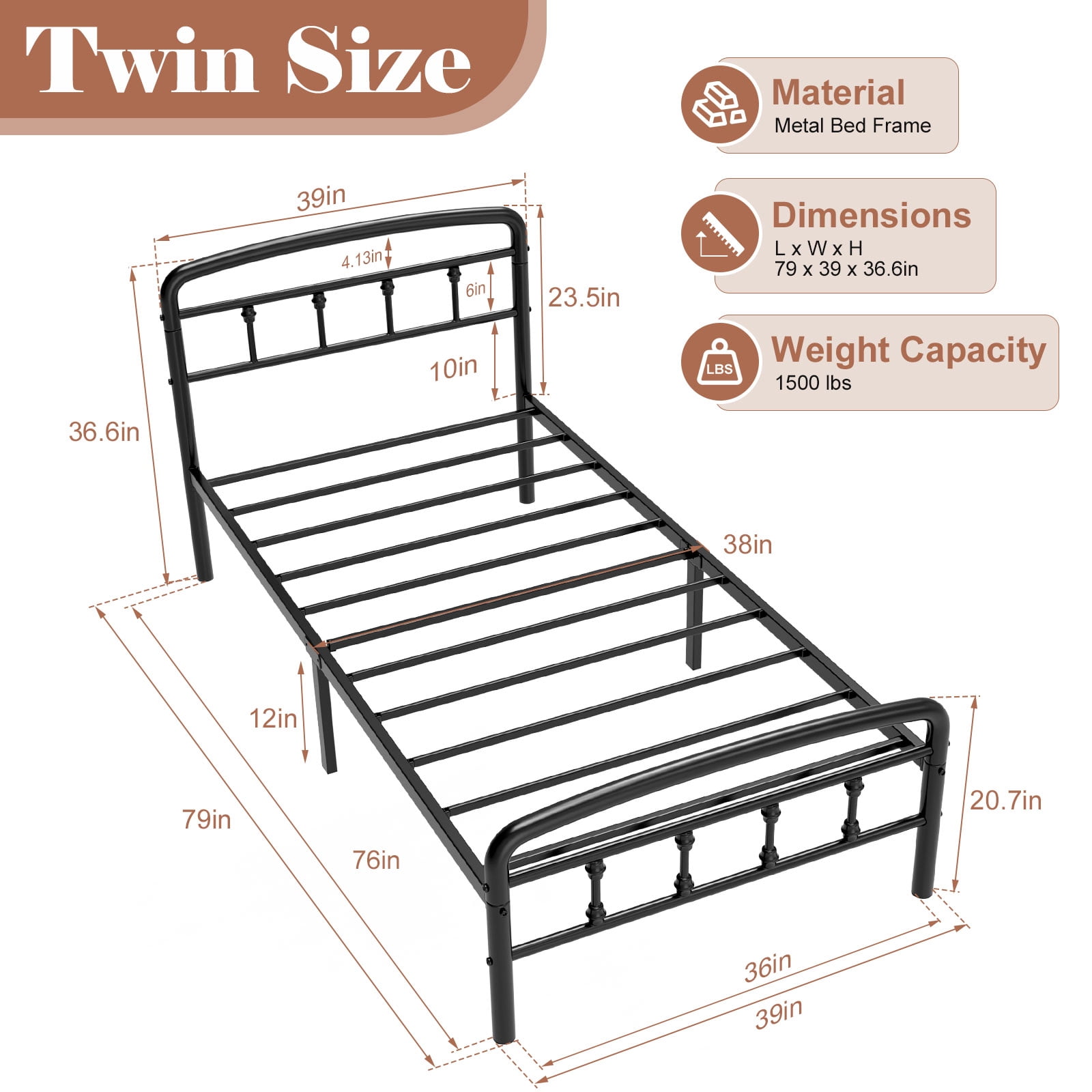 Metal Twin Bed Frames, Victorian Style Headboard and Footboard, No Squeak, Heavy Duty 1500lbs Support, Easy 20-Min Tool-Free Assembly, No Box Spring Needed/Underbed Storage