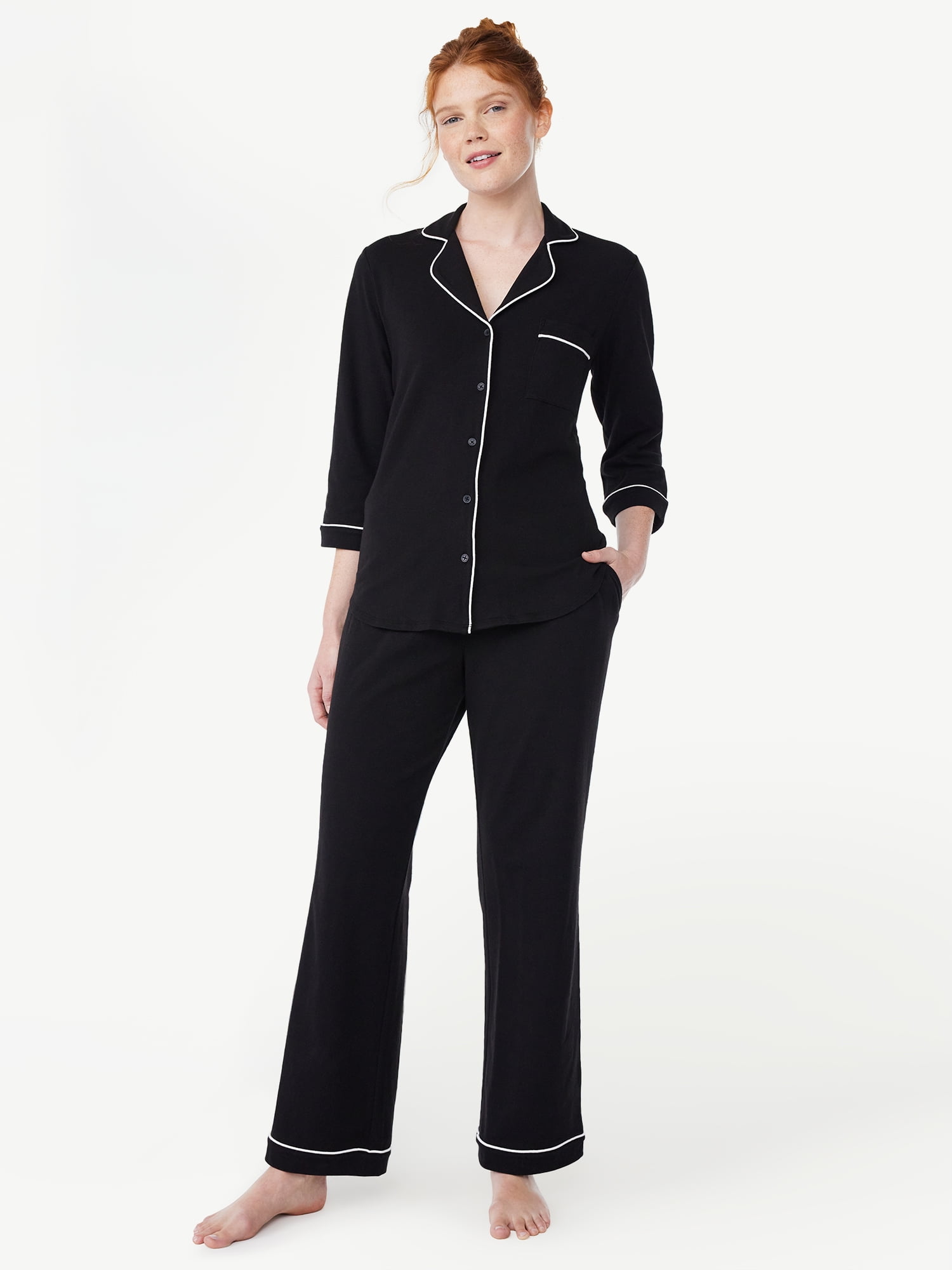 Joyspun Women’s Cotton Blend Notch Collar Top and Pants Pajama Set, 2-Piece, Sizes S-4X