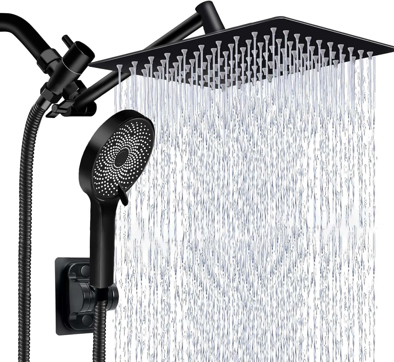 Shower Head 10 Inch High Rain With Handheld Spray Combo  Adjustable Dual Rainfall - Showerhead Comb Set Extension Arm 60 Long Hose(black)