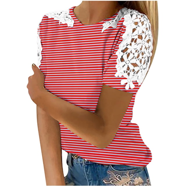 Camisas de Manga Corta para las Mujeres Impresión Cuello Redondo Suéter Encaje Camisa, Blusa de Verano Casual para las Mujeres