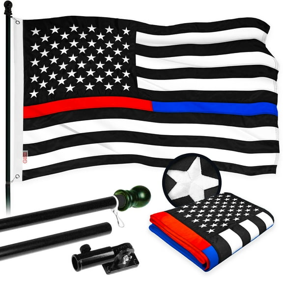 G128 - 6 Feet Tangle Free Spinning Flagpole (Black) Thin Blue&Red Flag Brass Grommets Embroidered 3x5 ft (Flag Included) Aluminum Flag Pole