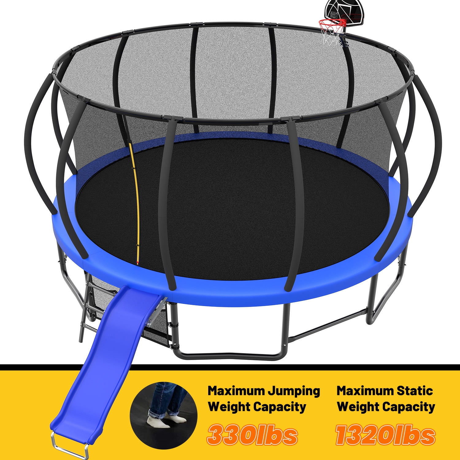 Mersco 16FT Heavy Duty Trampoline with Enclosure Net , Slide Outdoor Big Trampoline for Backyard,Kids Trampoline with Basketball Hoop,Birthday and Holiday Gifts for Kids,Black