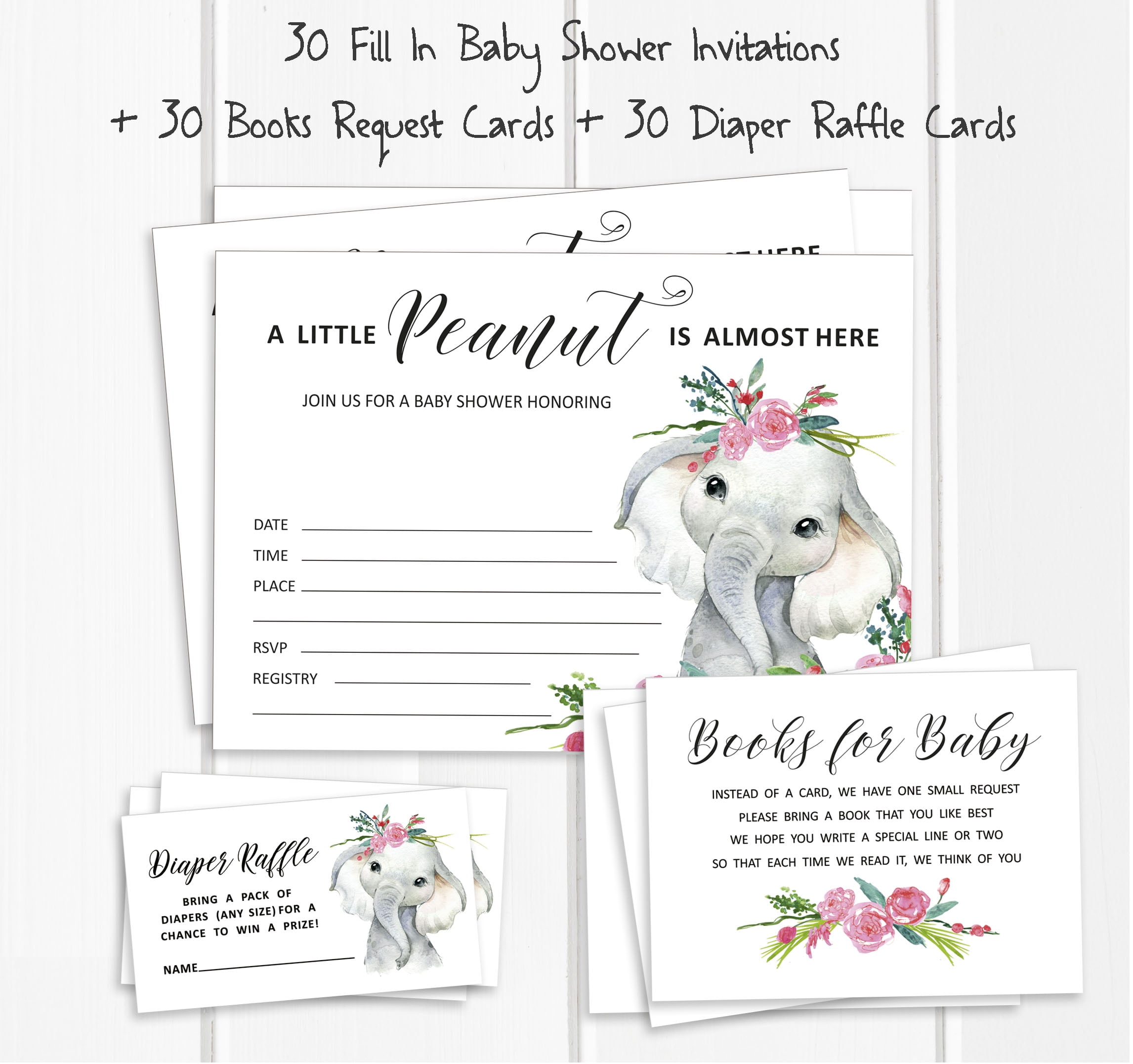 Inkdotpot Set of 30 Floral Baby Elephant Baby Shower Invitations-Diaper Raffle Tickets and Baby Shower Book Request Cards Gender Neutral Invites