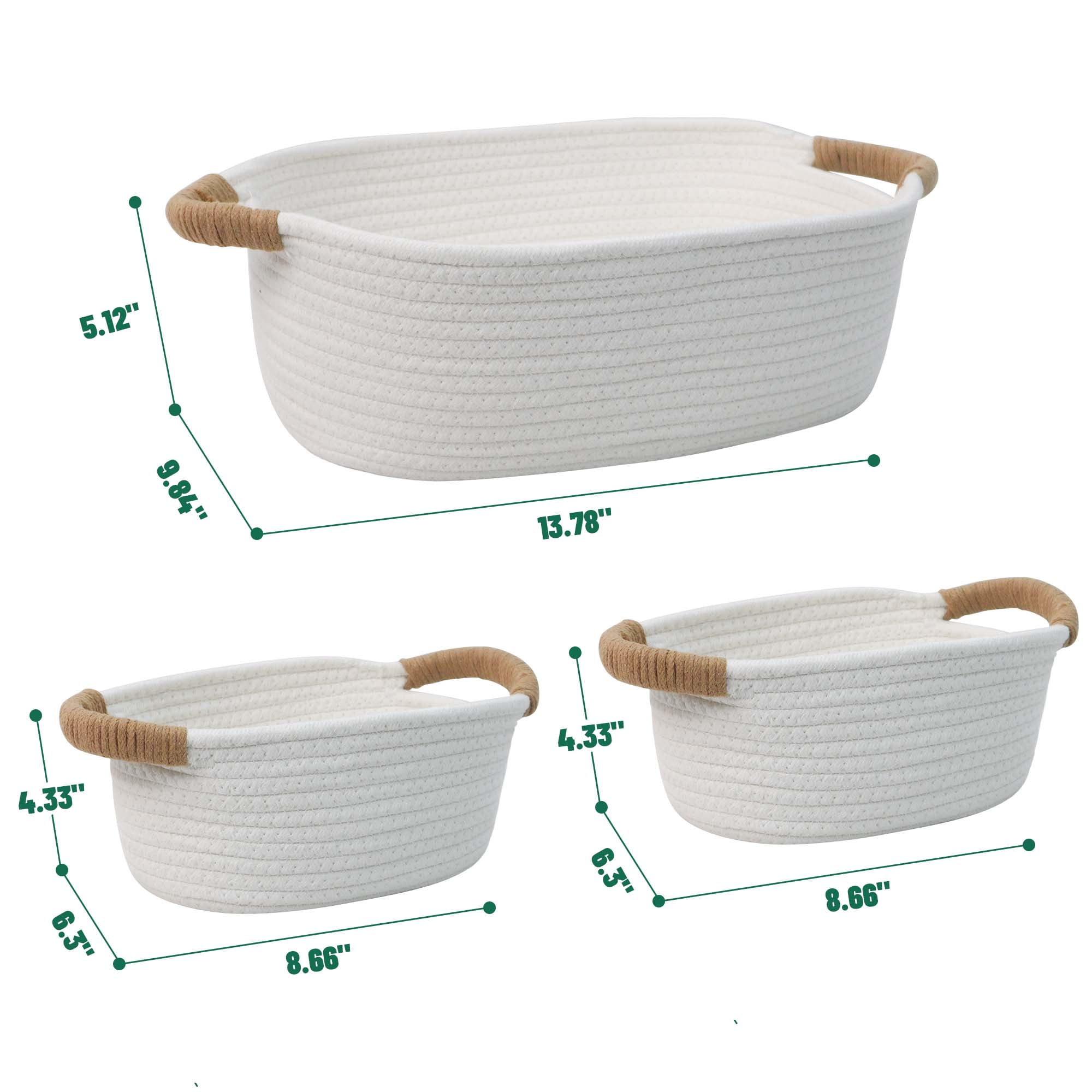 Caroeas 3-Piece Small Cotton Rope Basket, Woven Storage Basket Set, Nesting Bins for Organizing Shelves, Baby, Nursery, Toy Storage, Montessori, White