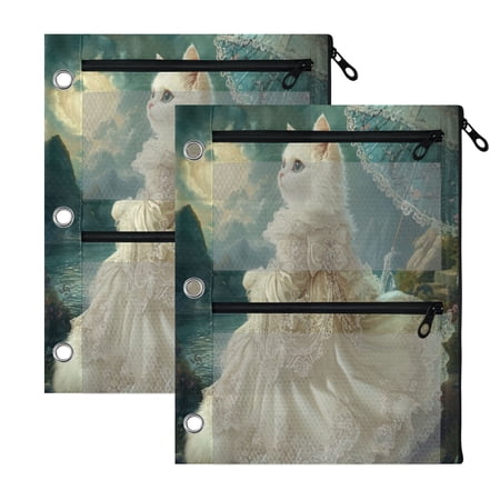 Wobogo Princess White Cat 3 Ring Binder Pencil Pouch 2 Pack Zipper Binder Pencil Case with Clear Window for Classroom Office Supplies
