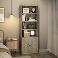 thumbnail image 5 of Industrial Bookcase with Doors, 71.4" Tall 6-Shelf Storage Cabinet, 11.8" Deep Farmhouse Wooden Bookshelf for Living Room, Home Office, or Bedroom (Grey), 5 of 8
