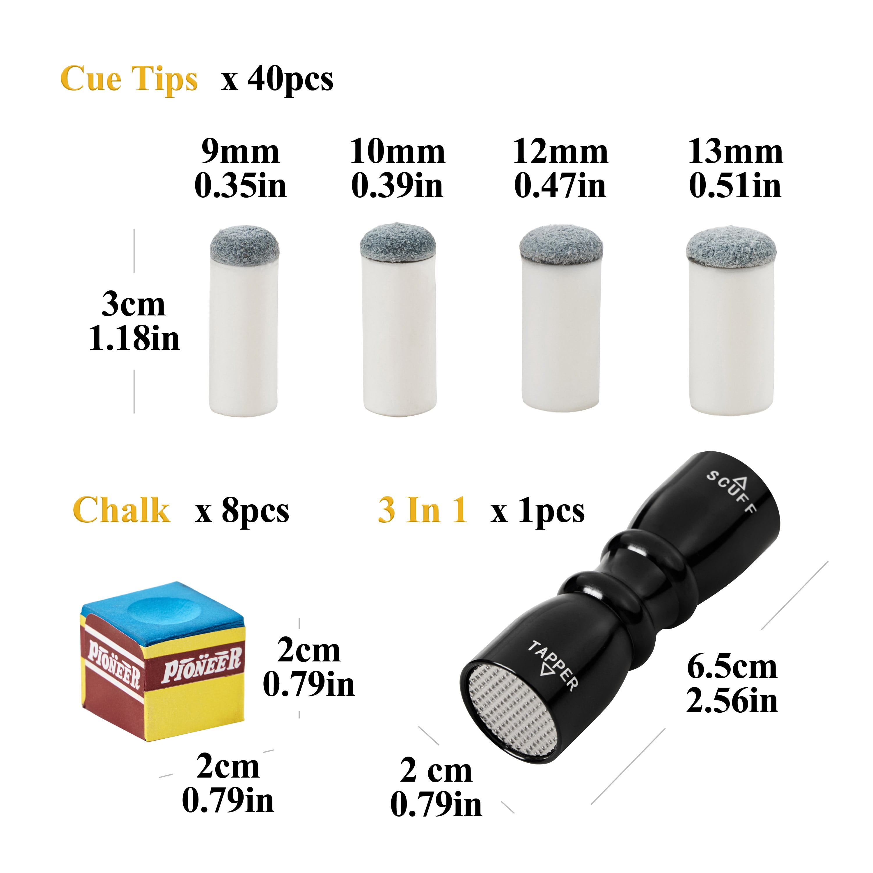 Barrington Billiards 49-Piece Pool Cue Tip Kit with 40 Slip-On Tips, 8 Blue Chalk Cubes, and 1 Cue Tip Shaper Tool