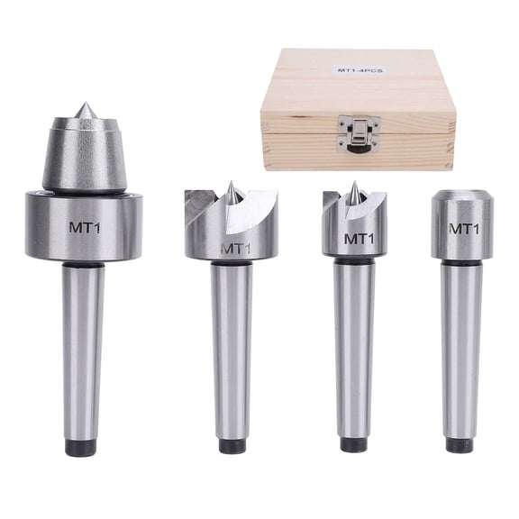 Yajisi 4‑Piece MT1 Wood Lathe Live Center Set with Spur Cups, 45 Steel, Quiet Bearings, Wooden Storage Box