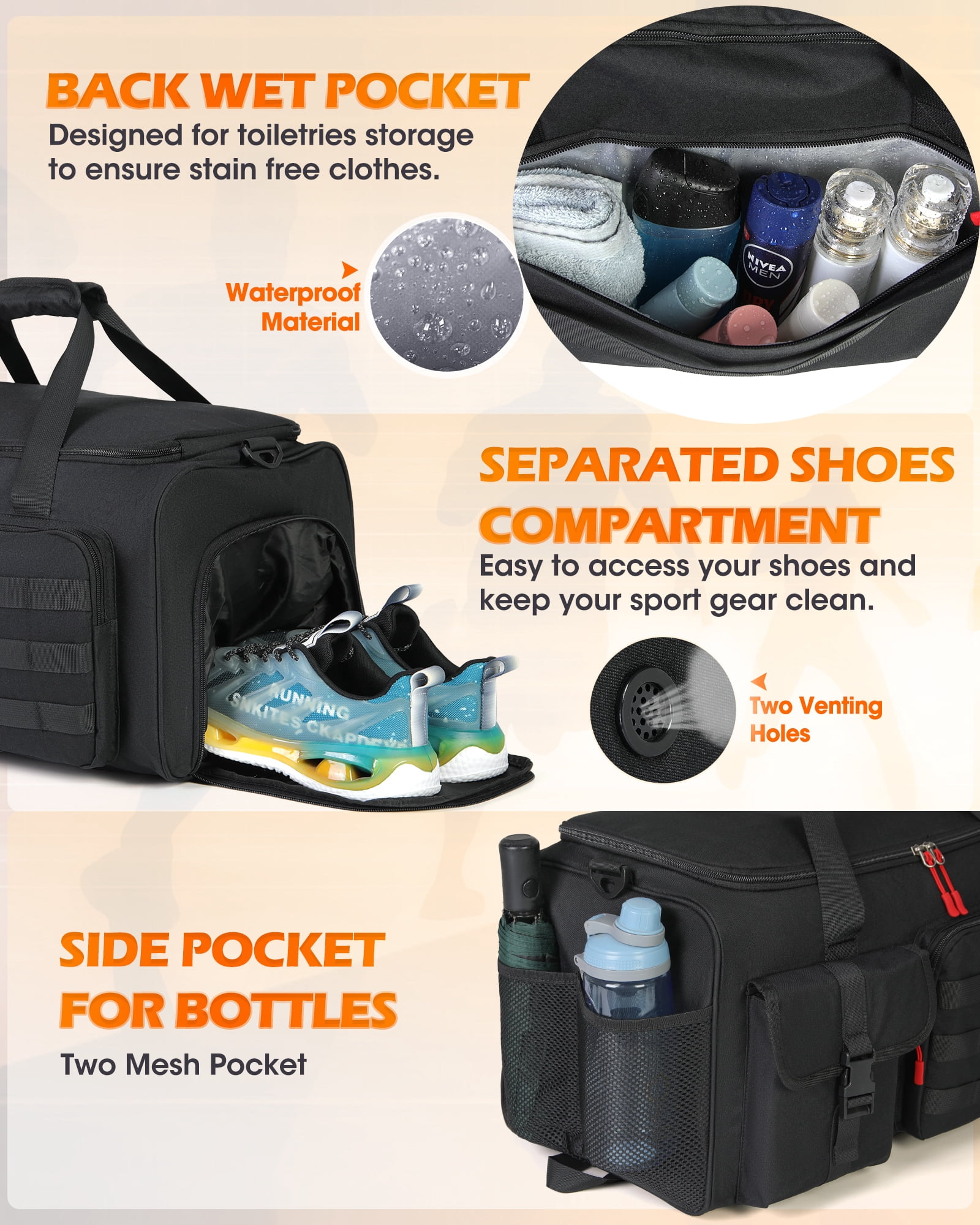 RAINSMORE Gym Bag for Men, 45L Sports Travel Duffel Bag with Shoe & Laptop Compartment, Gym Workout Backpack Carry On Weekender Bag Overnight Backpack for Travel, Black