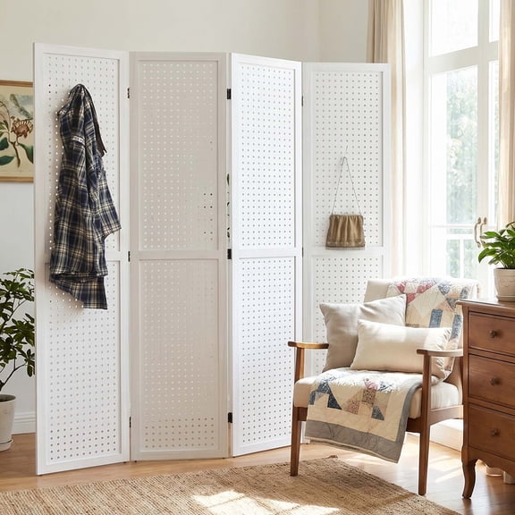 4 Panel Pegboard Room Divider Folding Privacy Screen, Peg Board Display Stand Partition Wall for Home Office Bedroom No Assembly Required