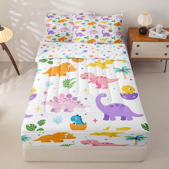 Homewish Kawaii Dino Zipper Twin Comforter Sets with Fitted Sheet and 2 Pillowcases,Cartoon Wildlife Zipper Bedding Set,White,Colorful Stars Reversible,4pcs