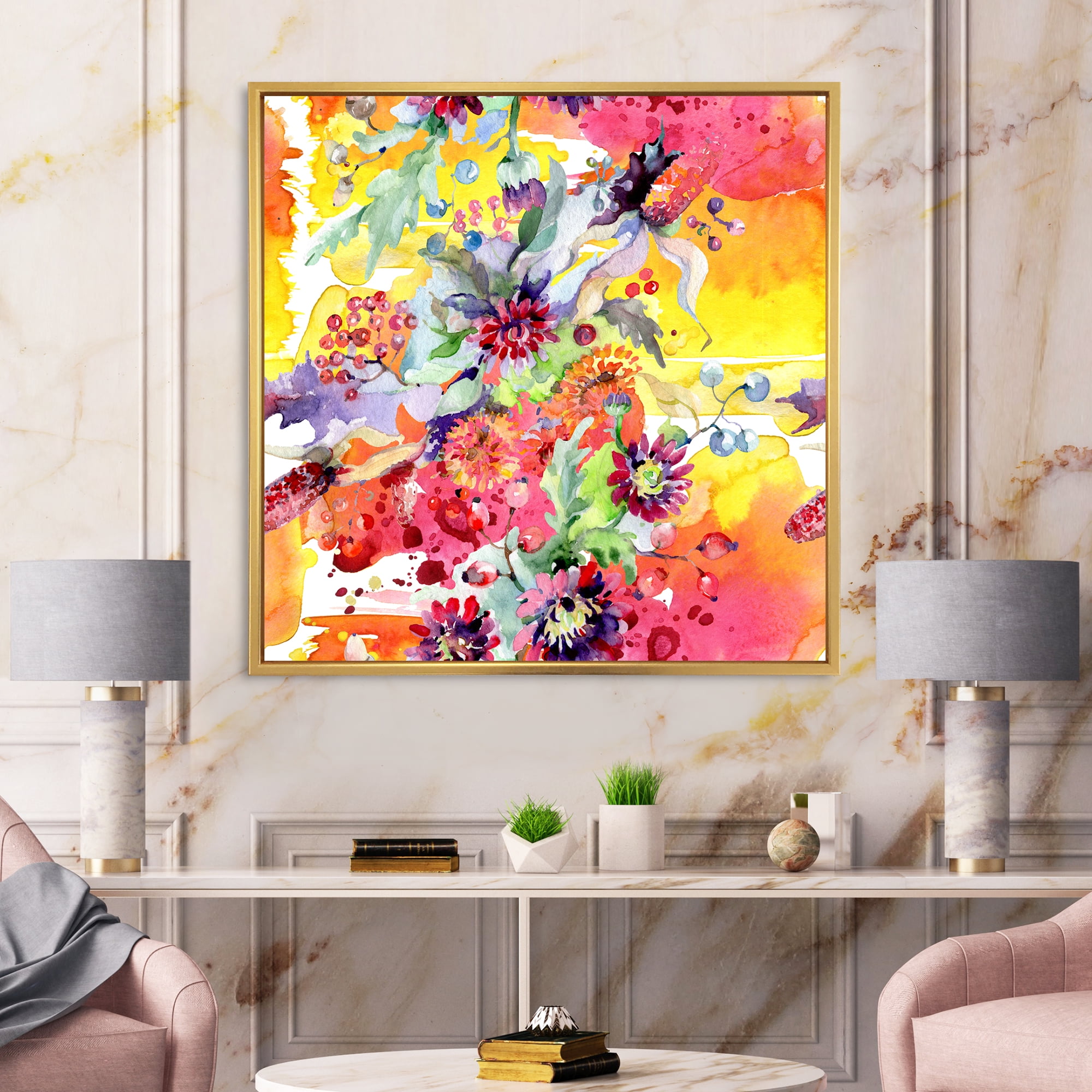 Designart 'Wildflowers and Vibrant Wild Spring Leaves' Modern Framed Canvas Wall Art Print