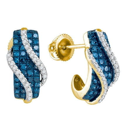 White Gold Semi Set - Solid 10k Yellow Gold Round Blue And White Diamond Semi hoop Prong Set Hoop Earrings (1.03 cttw)