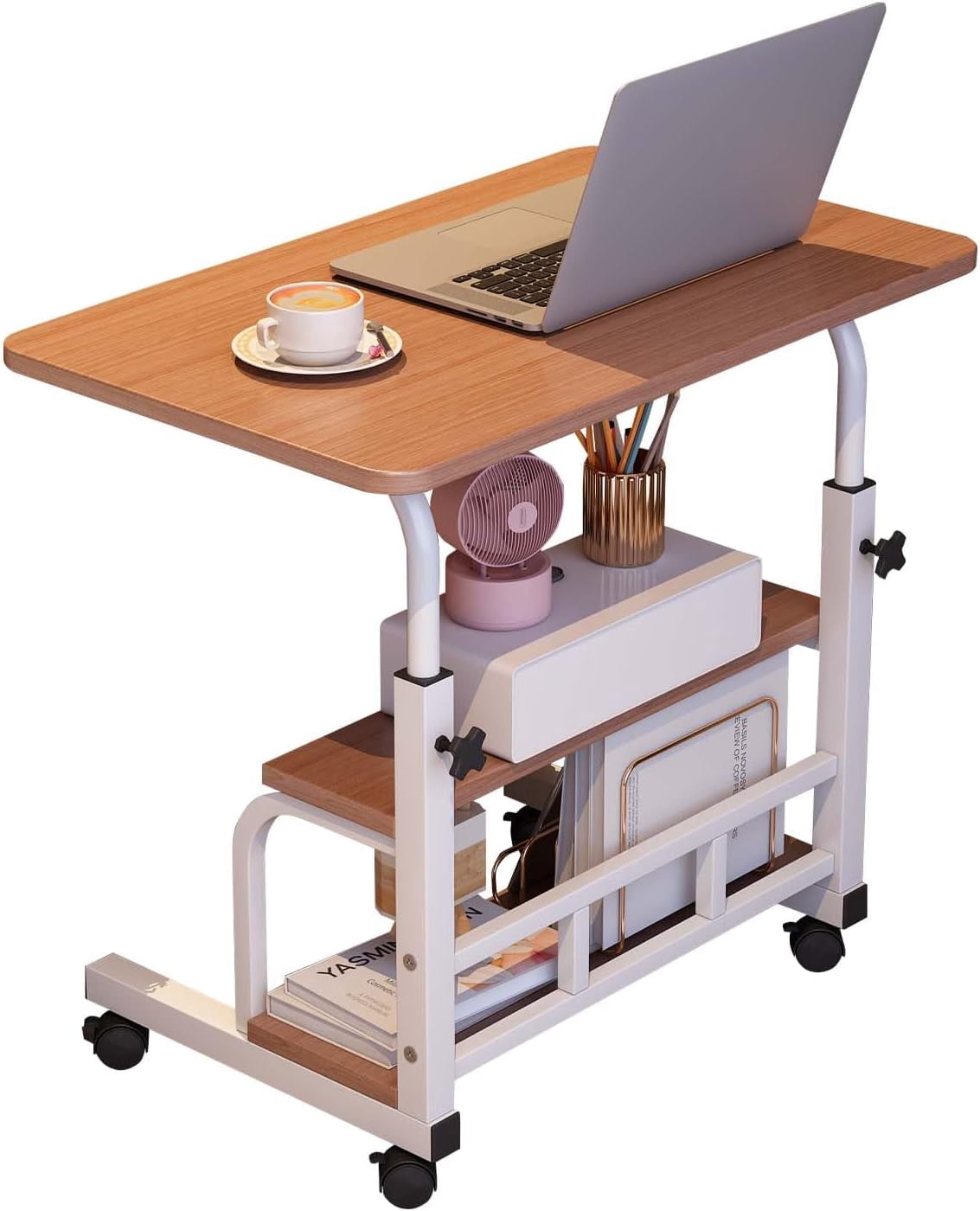 Adjustable Height Mobile Standing Desk – Portable Rolling Computer Table with Storage Shelves – Compact Laptop Desk for Home Office, Study, Small Spaces – with Wheels, Walnut Color 60 x 40CM