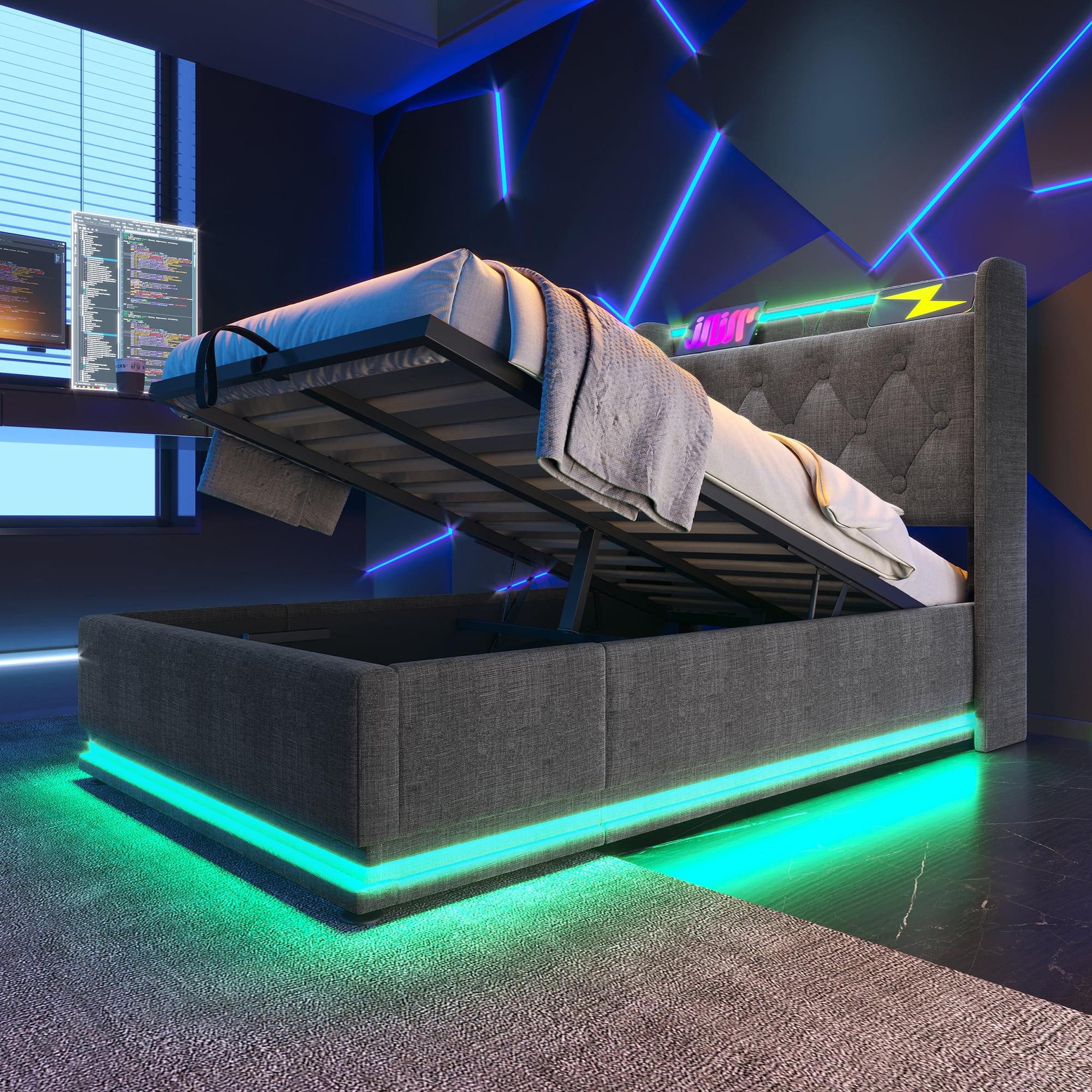 Euroco Upholstered Twin Size Platform Bed with Hydraulic Storage for Child, 360 Surround LED Light Linen Bed with USB Charging Station for Kids Teens, Gray