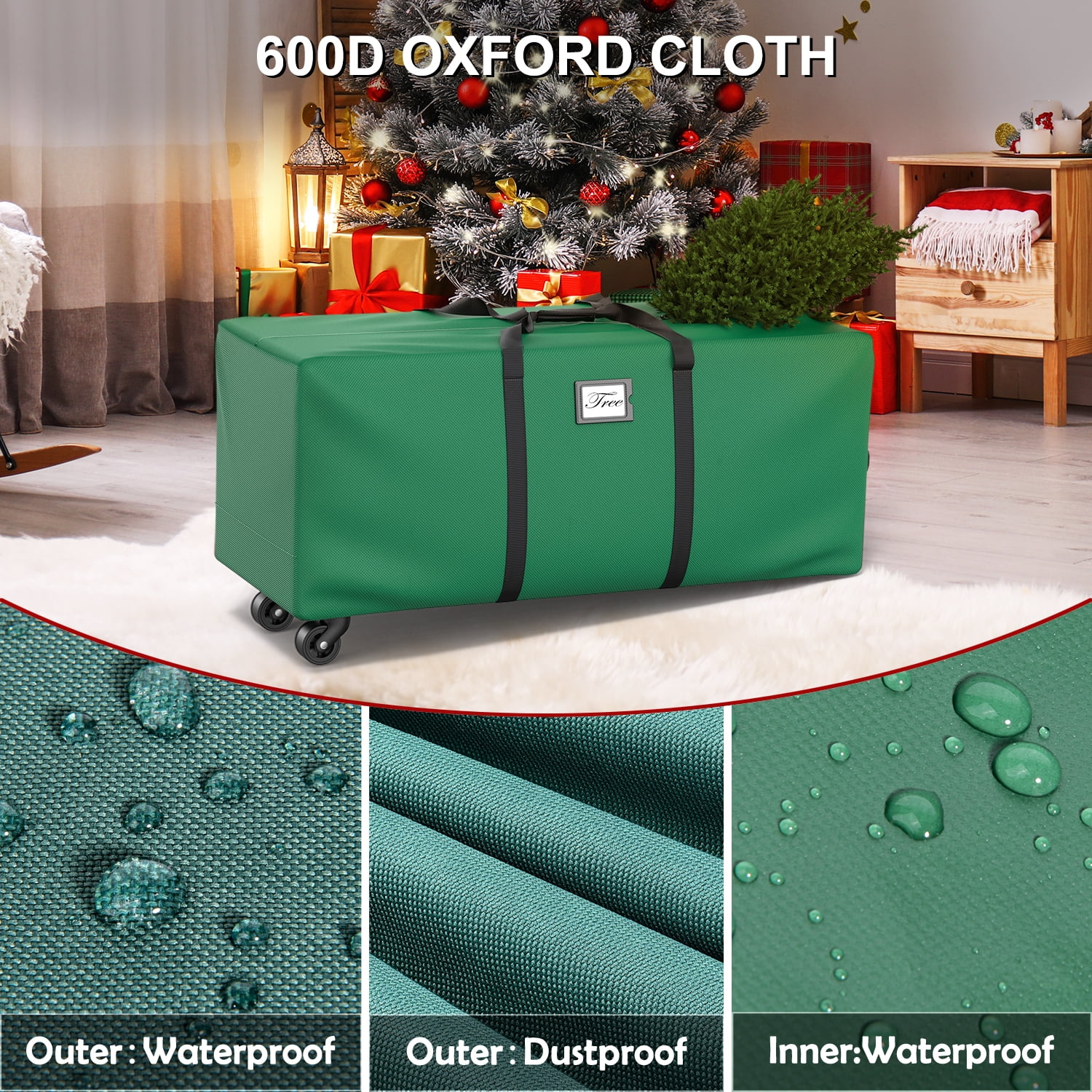 Christmas Tree Storage Bag, Heavy-Duty 600D Oxford Cloth Fits Up to 9FT Xmax Christmas Tree Storage Box with Rolling Wheels, Dark Green