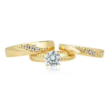 AVORA 10K Yellow Gold 1.25 Carat Simulated Diamond CZ  Engagement Wedding Band Trio Ring Set