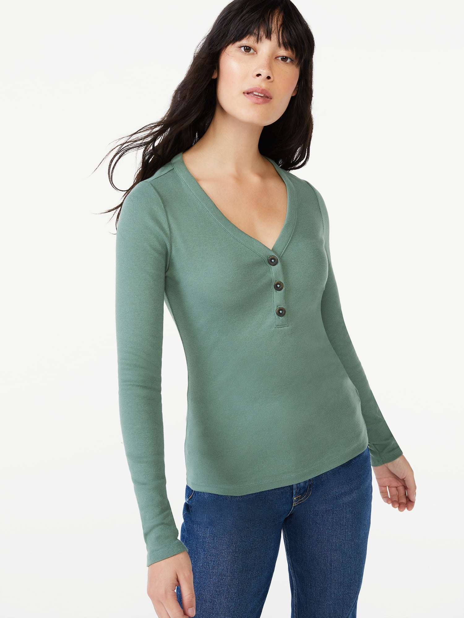 Free Assembly Women's Ribbed Henley Tee with Long Sleeves