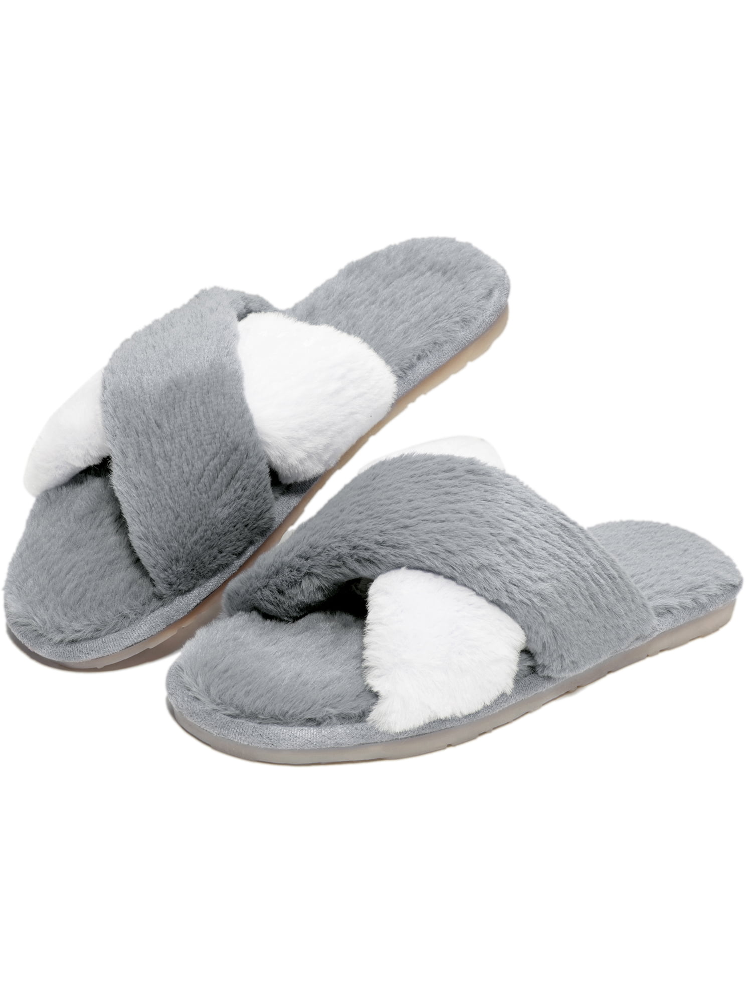 FITORY Womens Open Toe Fuzzy Slippers Faux Fur Fluffy House Slides with Cork Footbed Size 4-9
