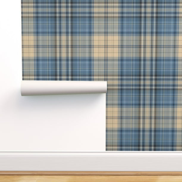 Peel-and-Stick Removable Wallpaper Plaid Blue Beige Brown Tartan Check