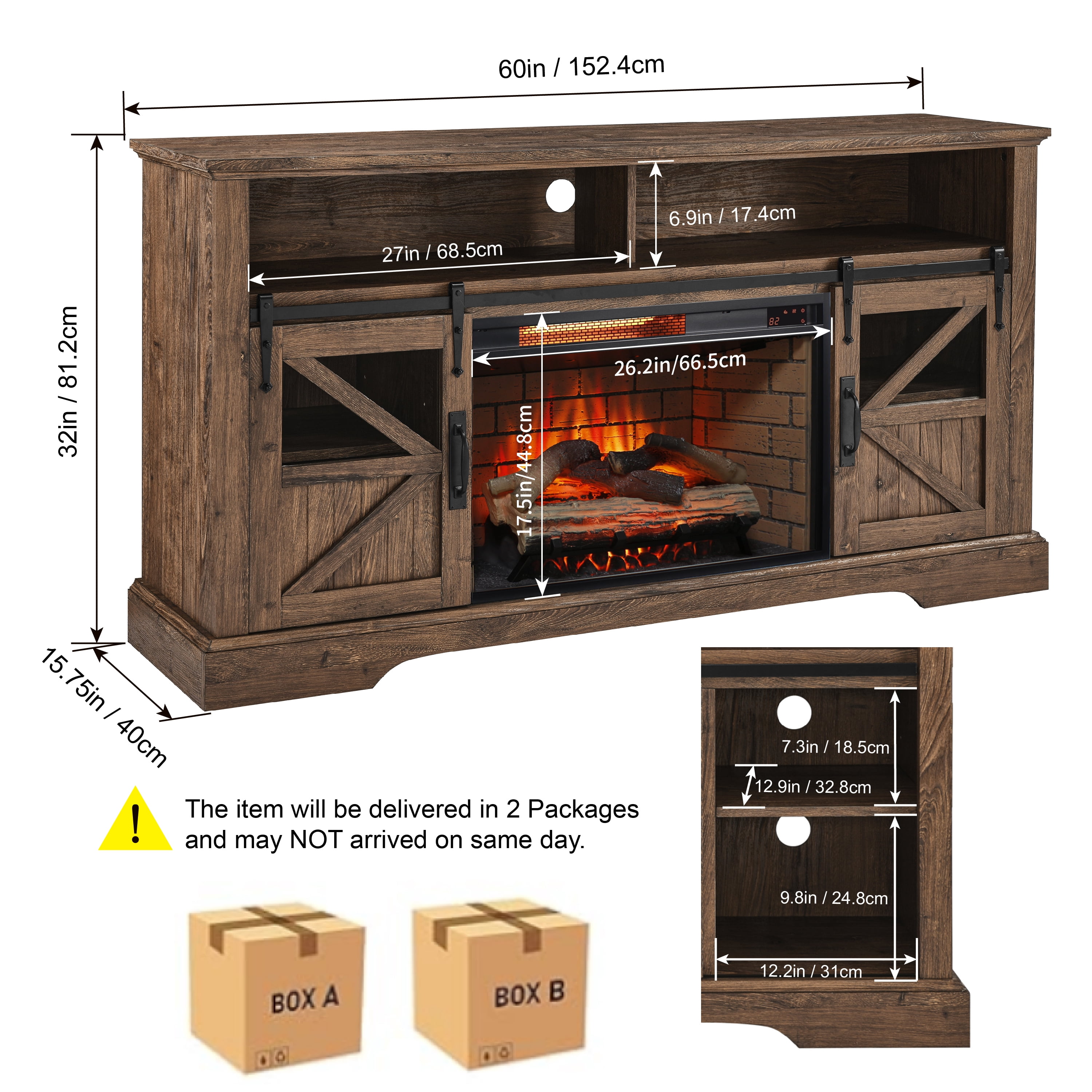 Indoor Fireplace 60 Inch Electric Fireplace Entertainment Center With Door Sensor-Reclaimed Barnwood Color,Fireplace Accessories