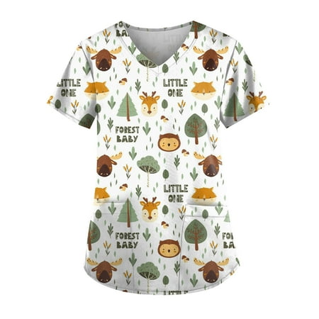 

Apepal Women Short Sleeve V-neck Print Pocket Scrub Tops