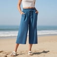 thumbnail image 4 of AKOEE Cotton Linen Capris for Women with Pockets Drawstring Elastic Waist Wide Leg Beach Lounge Capri Pants (S, Sky Blue), 4 of 5