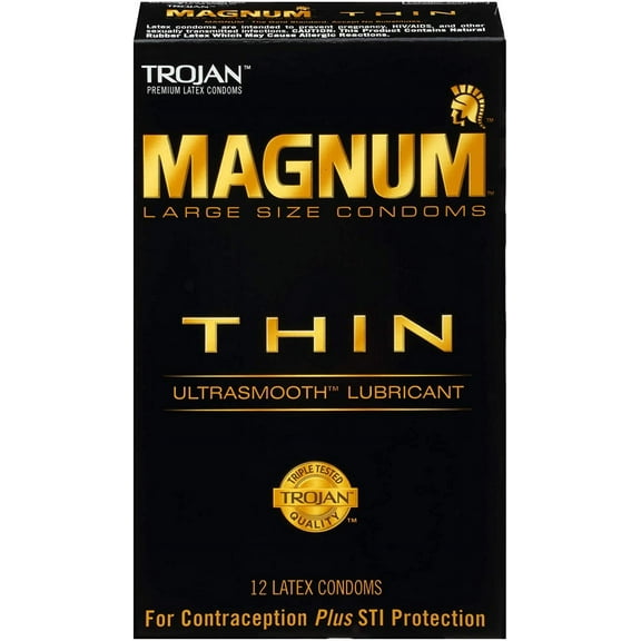 TROJAN MAGNUM Thin Lubricated Premium Latex Condoms Large Size 12 Each (Pack of 3)