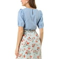 thumbnail image 3 of MODA NOVA Junior's Puff Shoulder Collarless Ruffle Keyhole Back Short Sleeve Blouse Blue S, 3 of 5